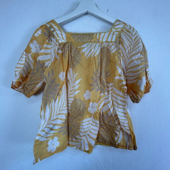 Reyn Spooner Womens XS Yellow Floral Hawaiian Square Neck Blouse Top Puff Sleeve - Picture 2 of 9